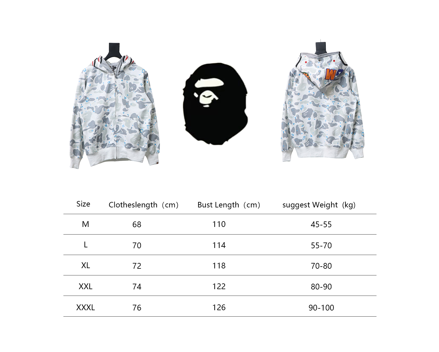BAPE shark head tiger head zipper starry camouflage double hooded hoodie 1901