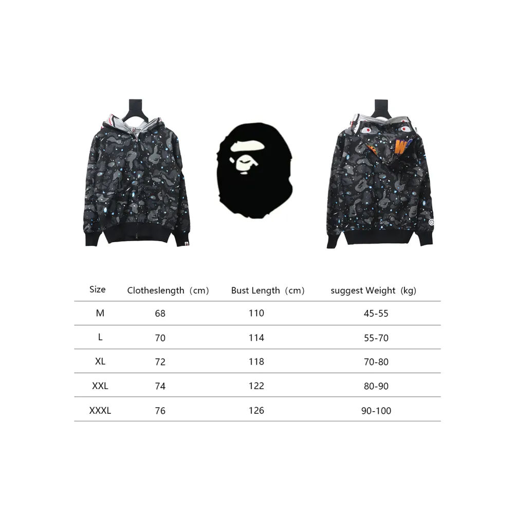 BAPE shark head tiger head zipper starry camouflage double hooded hoodie 1902