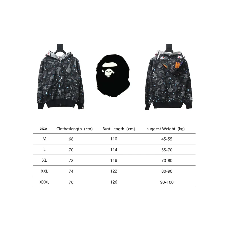 BAPE shark head tiger head zipper starry camouflage double hooded hoodie 1902
