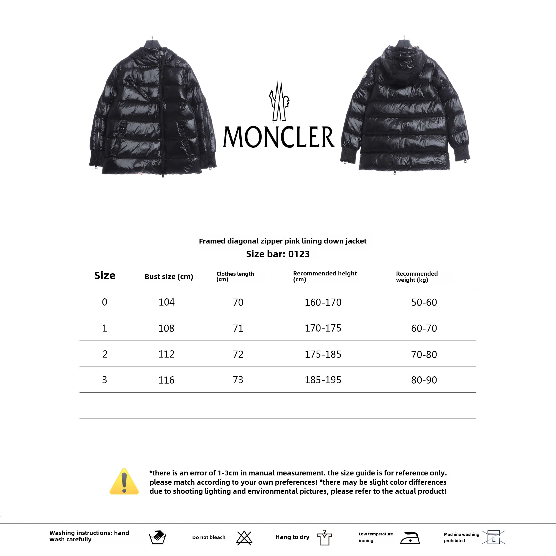 Moncler oblique zipper pink lining down jacket