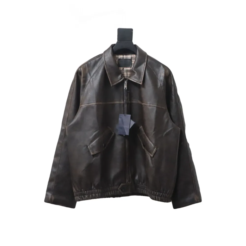  Prada distressed leather jacket with triangle logo on back