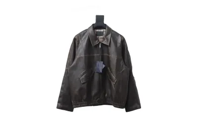 Prada distressed leather jacket with triangle logo on back 01