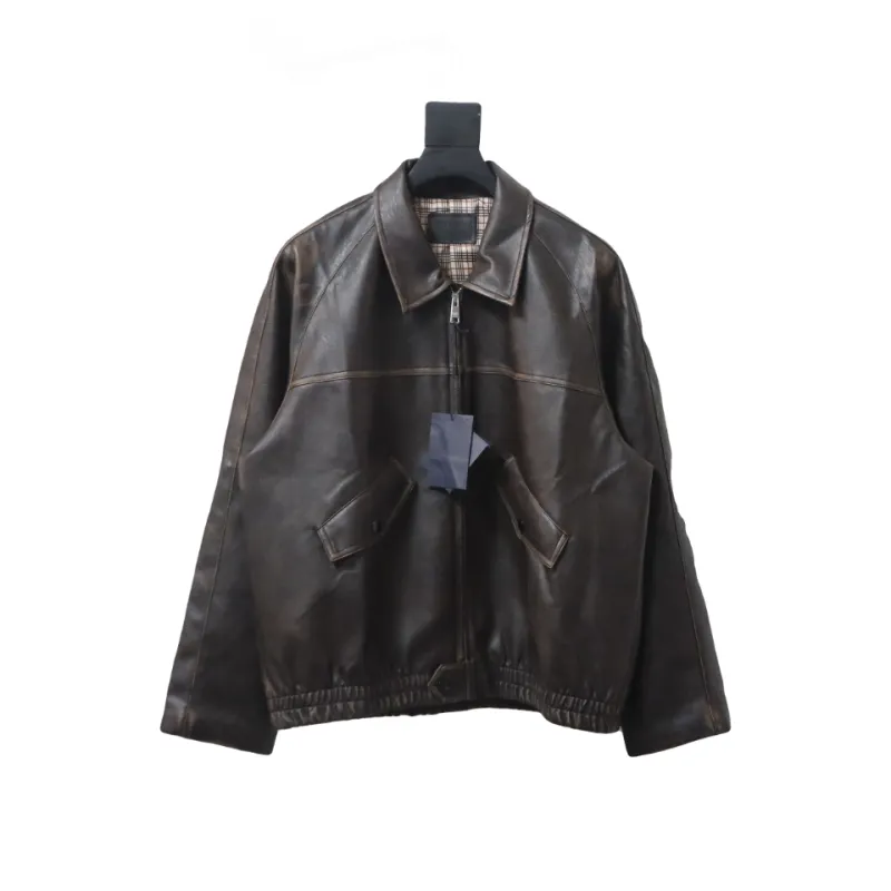  Prada distressed leather jacket with triangle logo on back