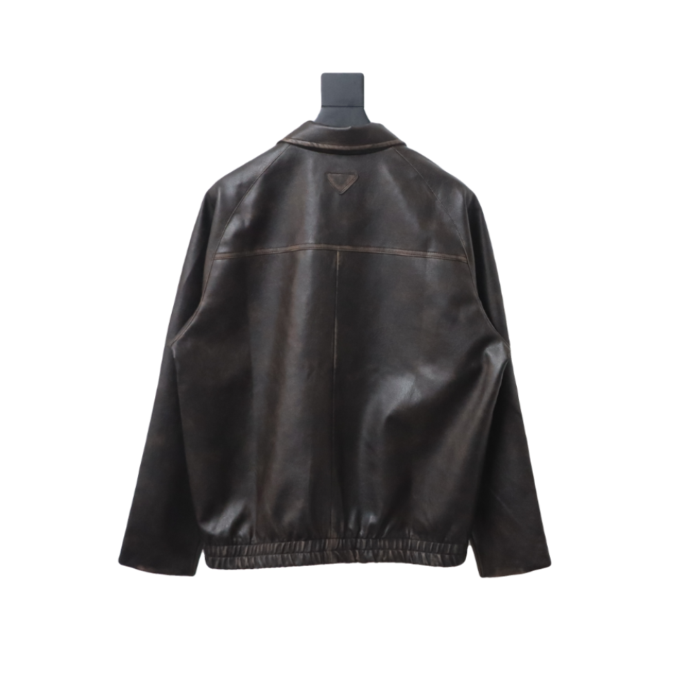  Prada distressed leather jacket with triangle logo on back
