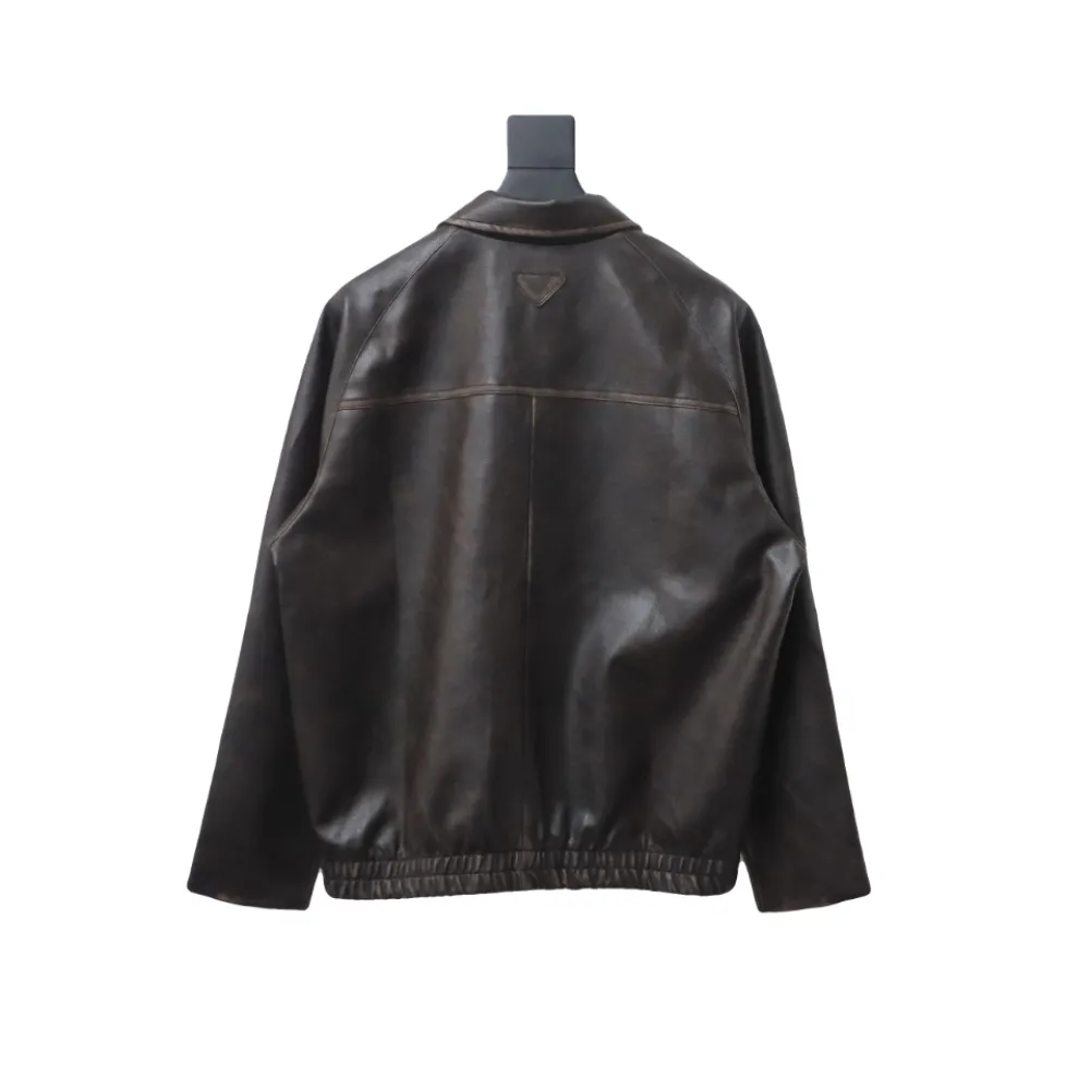  Prada distressed leather jacket with triangle logo on back