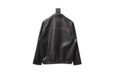 Prada distressed leather jacket with triangle logo on back 02