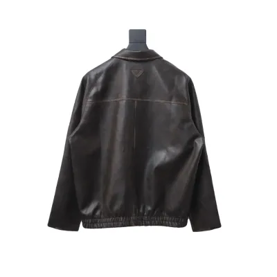 Prada distressed leather jacket with triangle logo on back 02