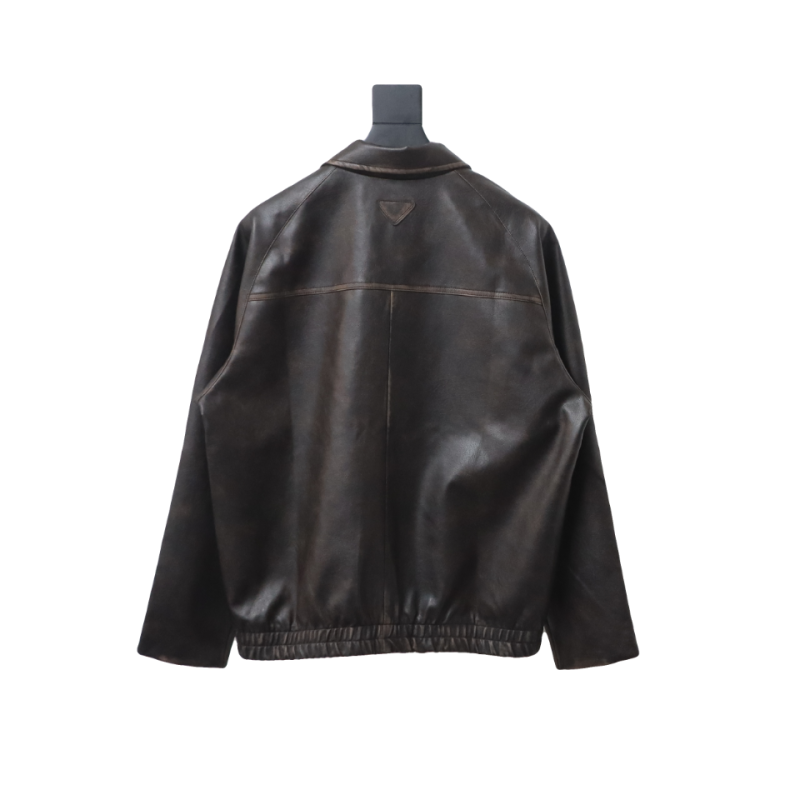  Prada distressed leather jacket with triangle logo on back
