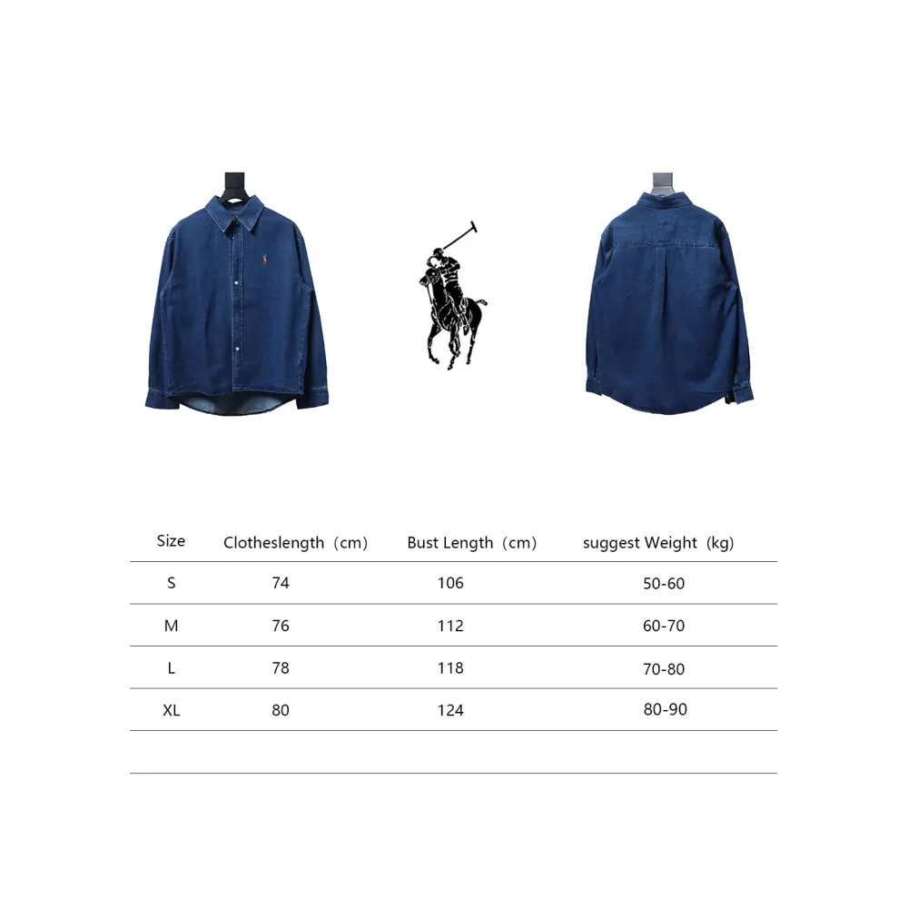  Ralph Lauren chest classic war horse logo pony embroidered lapel Long-Sleeve T-shirt denim shirt casual loose jacket