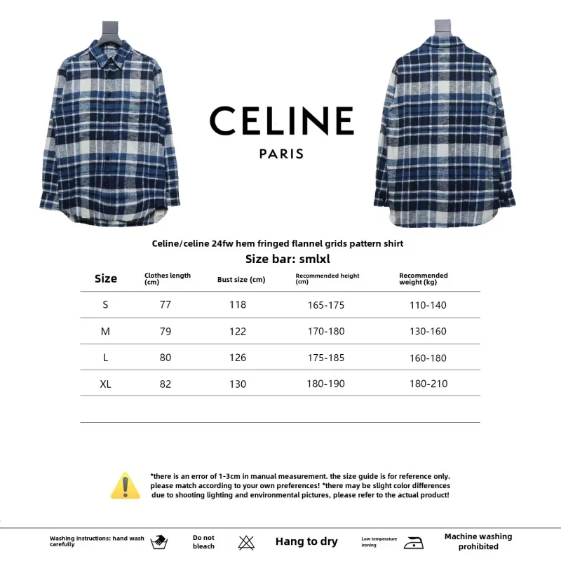  Celine 24Fw hem tassel flannel plaid Long-Sleeve Shirt