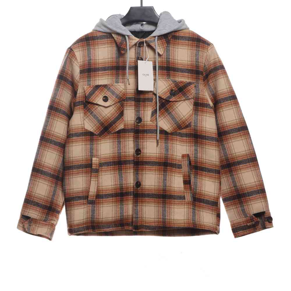 Celine retro plaid wool hooded Long-Sleeve Shirt