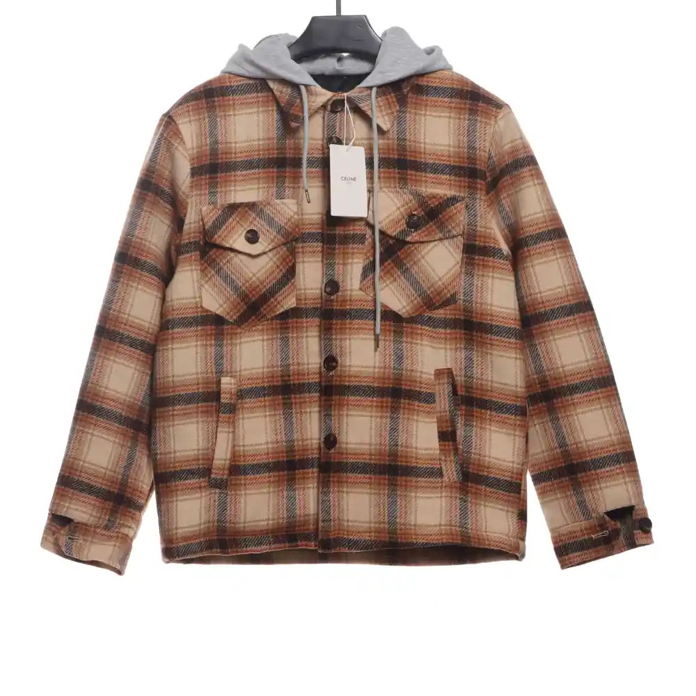  Celine retro plaid wool hooded Long-Sleeve Shirt