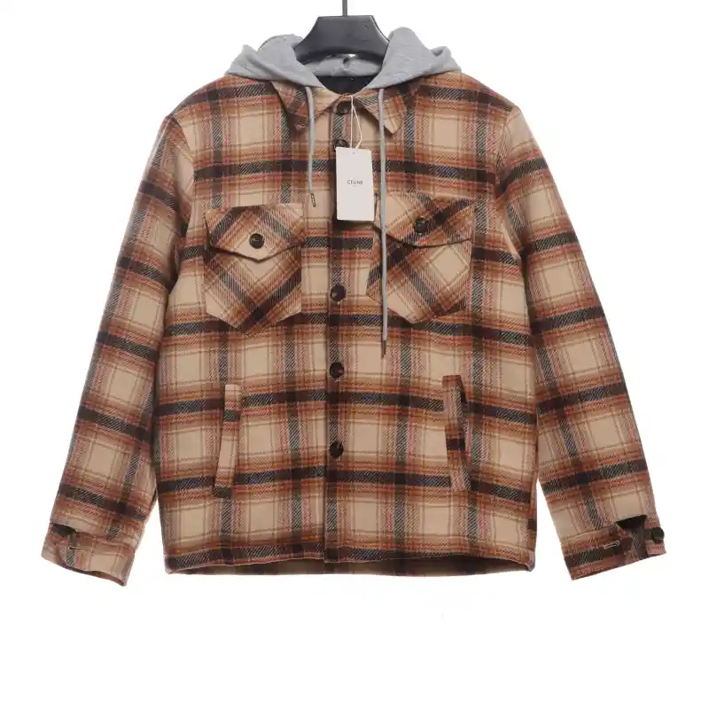  Celine retro plaid wool hooded Long-Sleeve Shirt