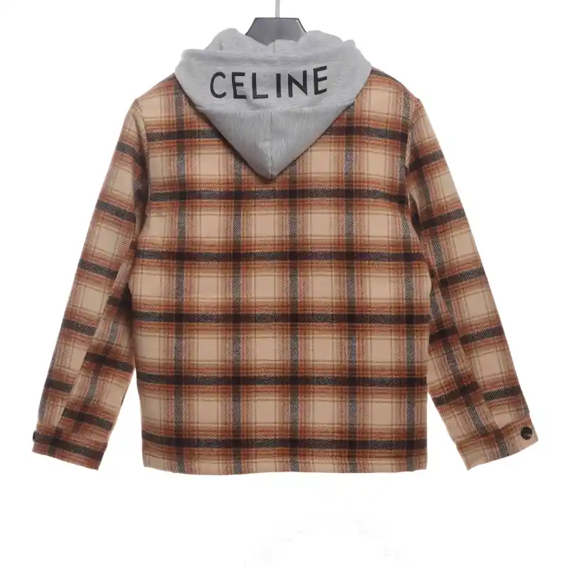  Celine retro plaid wool hooded Long-Sleeve Shirt