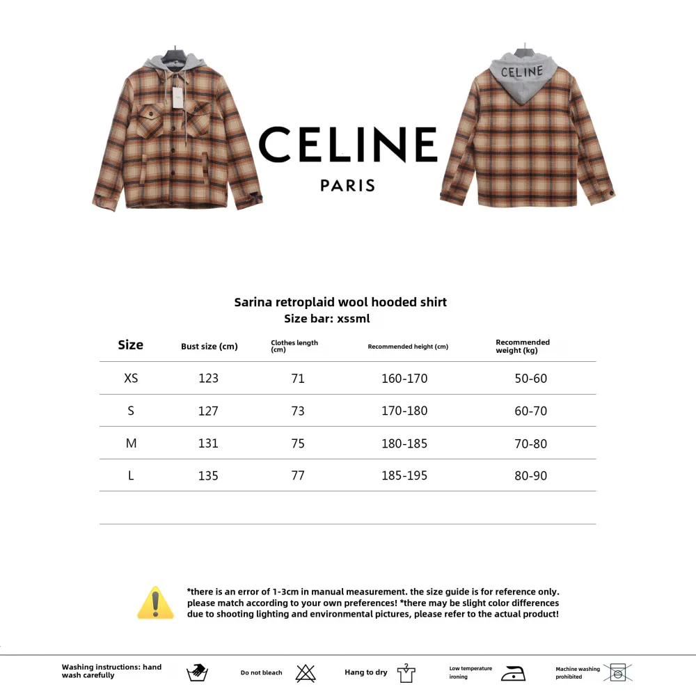  Celine retro plaid wool hooded Long-Sleeve Shirt