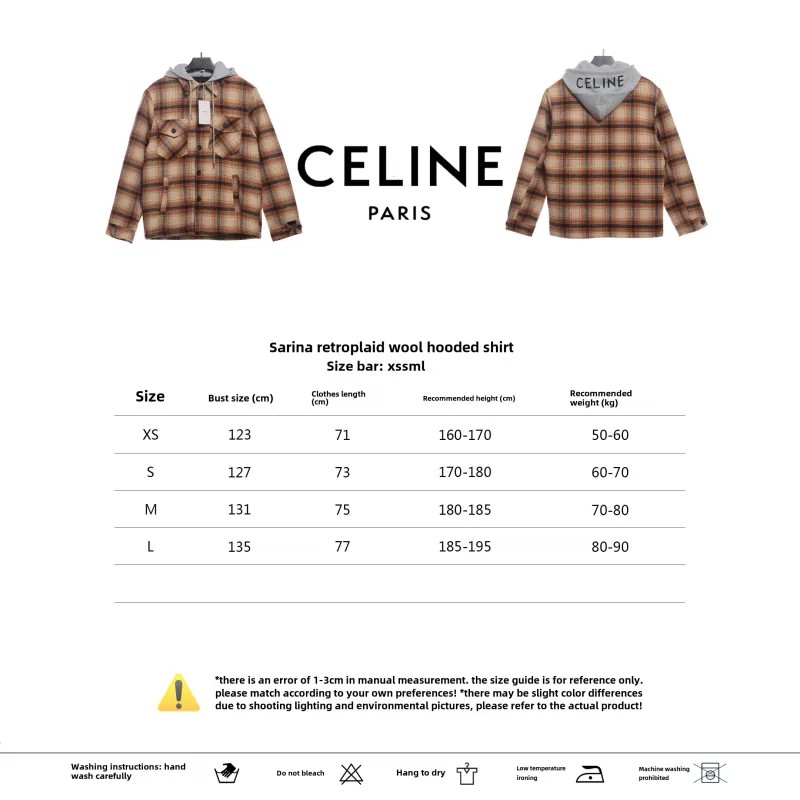  Celine retro plaid wool hooded Long-Sleeve Shirt