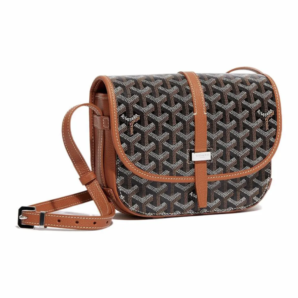 Go*ard y-shaped monogram full print flap saddle bag brown small