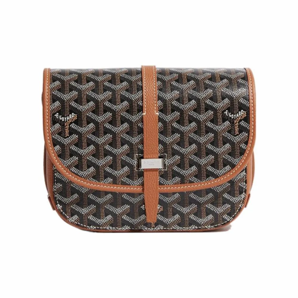 Go*ard y-shaped monogram full print flap saddle bag brown small
