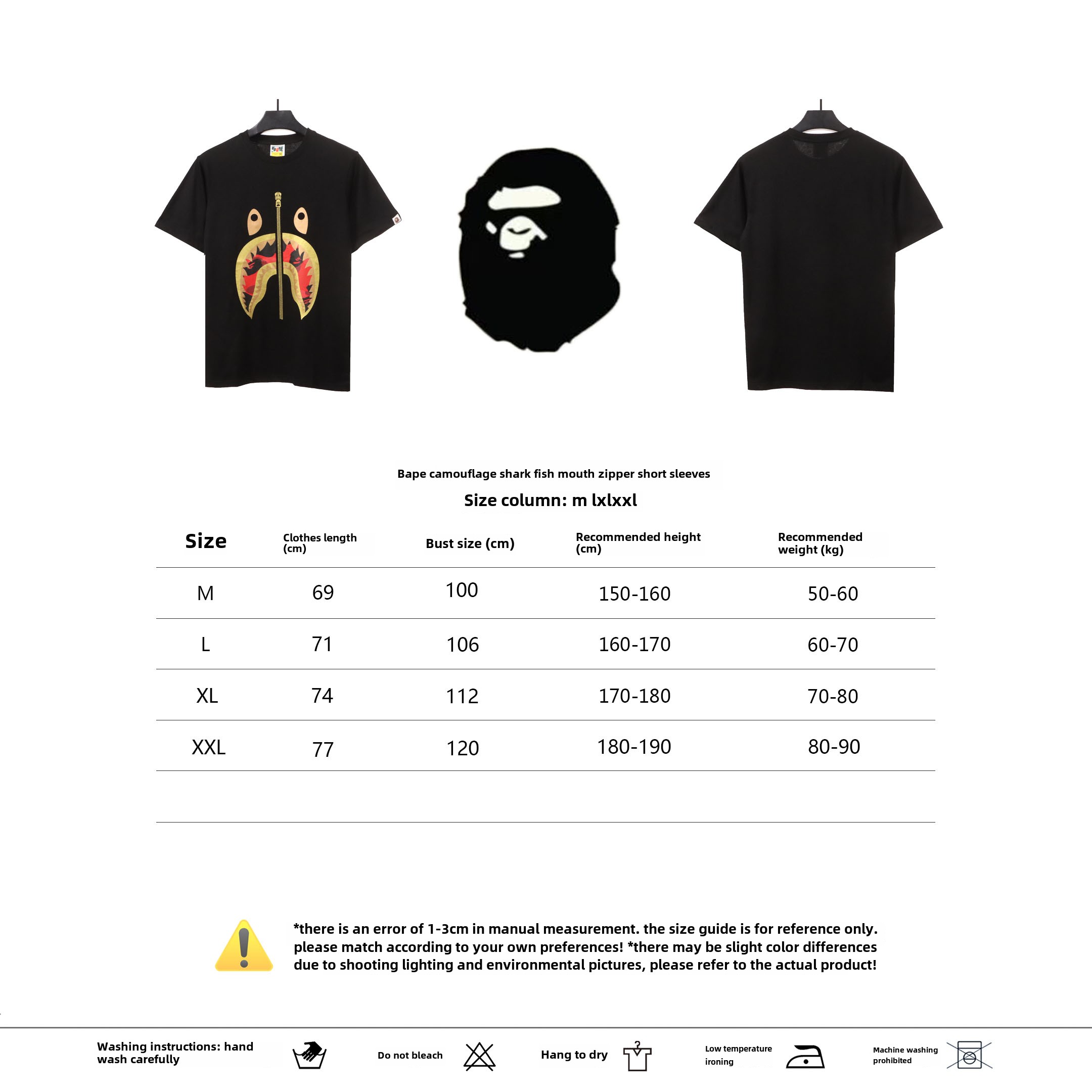 BAPE camouflage shark fish mouth zipper short sleeve Black and red T-Shirts