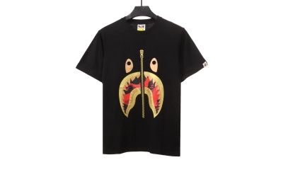 BAPE camouflage shark fish mouth zipper short sleeve Black and red T-Shirts 01
