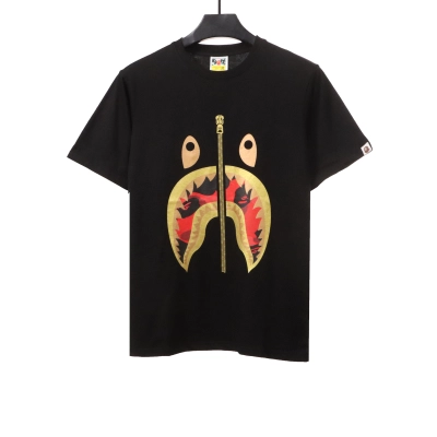BAPE camouflage shark fish mouth zipper short sleeve Black and red T-Shirts 01