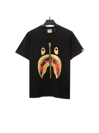 BAPE camouflage shark fish mouth zipper short sleeve Black and red T-Shirts 01