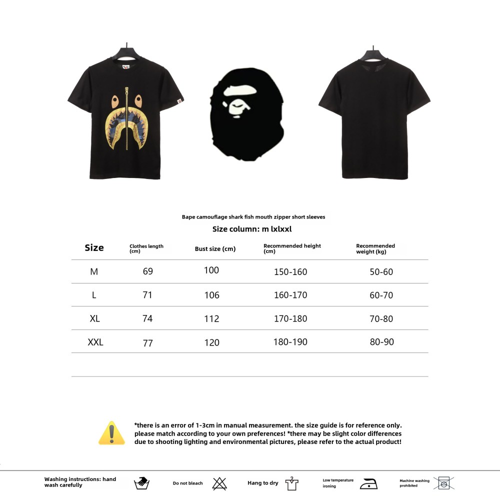 BAPE camouflage shark fish mouth zipper short sleeve black blue T-Shirts