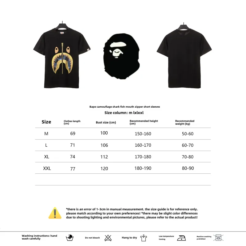 BAPE camouflage shark fish mouth zipper short sleeve black blue T-Shirts