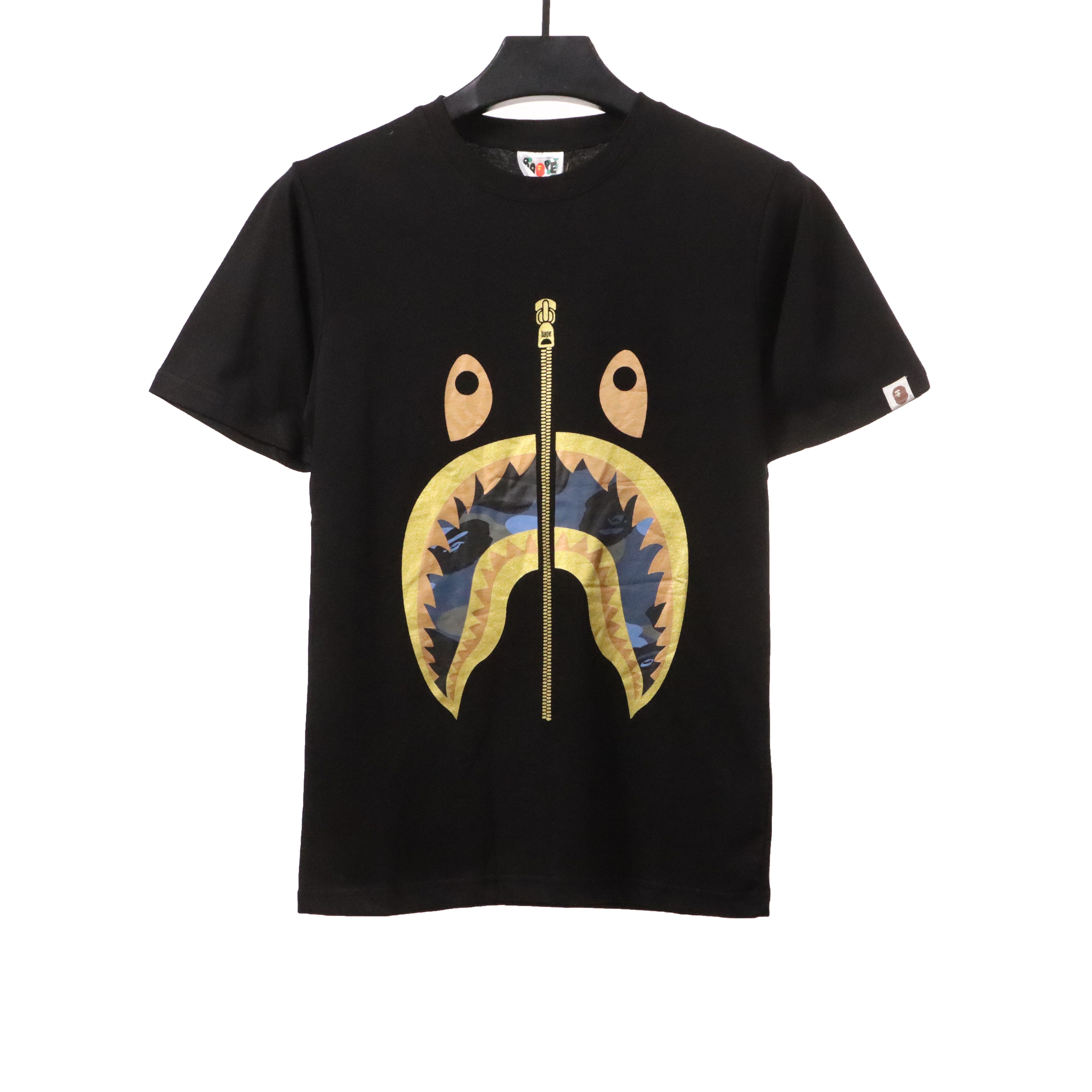 BAPE camouflage shark fish mouth zipper short sleeve black blue T-Shirts