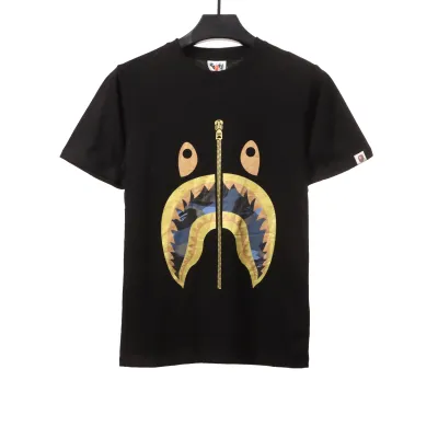 BAPE camouflage shark fish mouth zipper short sleeve black blue T-Shirts 01