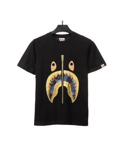 BAPE camouflage shark fish mouth zipper short sleeve black blue T-Shirts 01