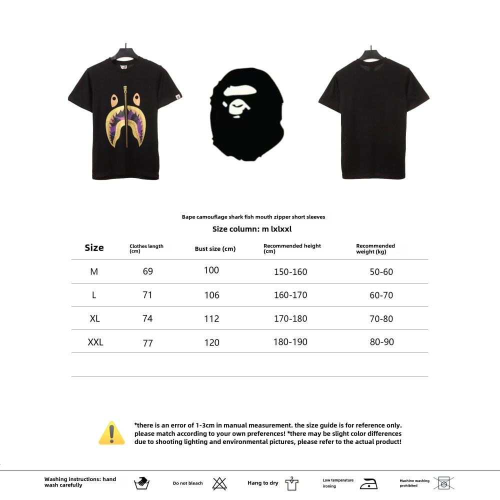 BAPE camouflage shark fish mouth zipper short sleeve black purple T-Shirts