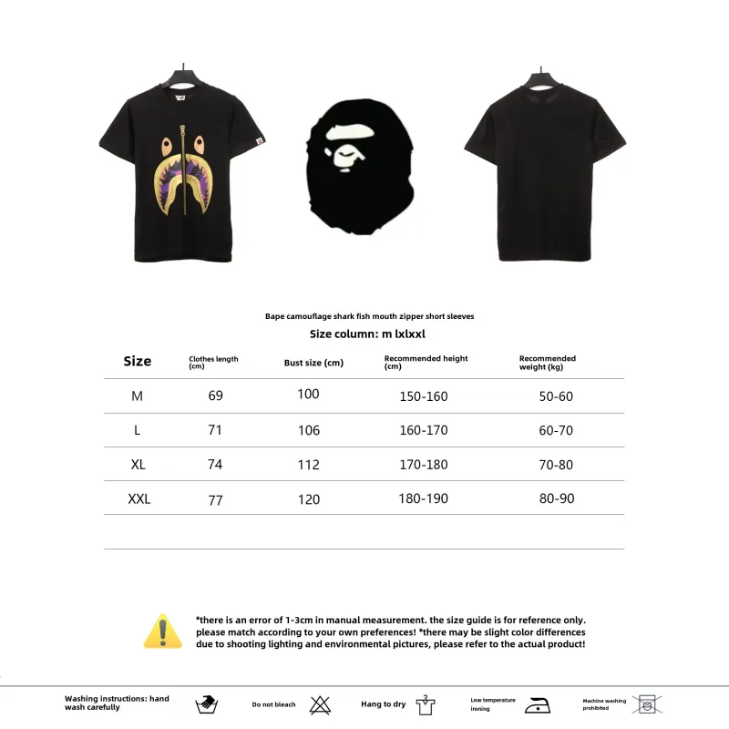 BAPE camouflage shark fish mouth zipper short sleeve black purple T-Shirts