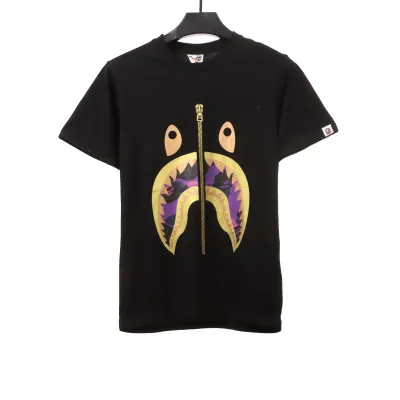 BAPE camouflage shark fish mouth zipper short sleeve black purple T-Shirts 01