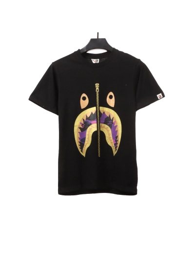 BAPE camouflage shark fish mouth zipper short sleeve black purple T-Shirts 01