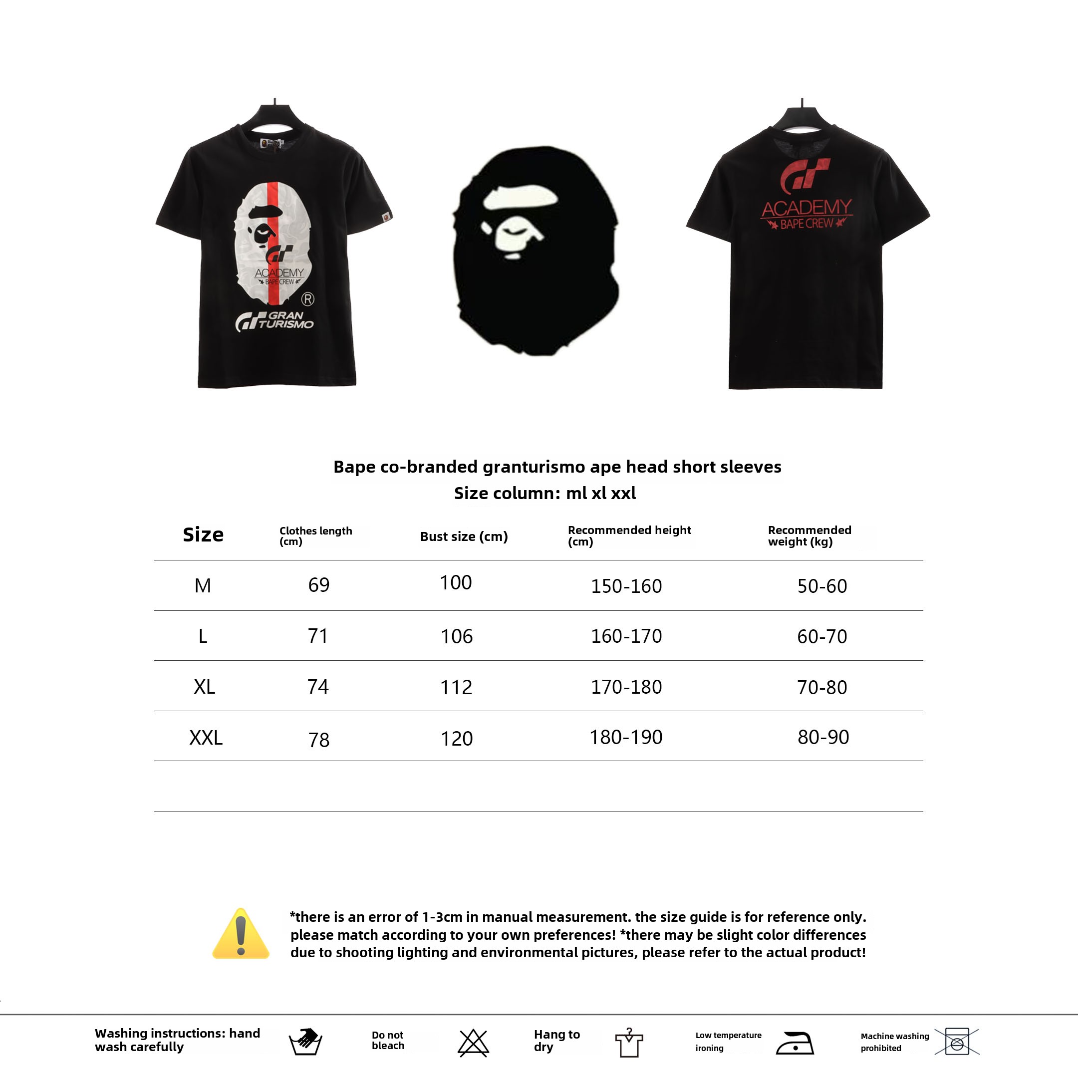 BAPE co-branded GRAN TURISMO ape head short sleeve black T-Shirts