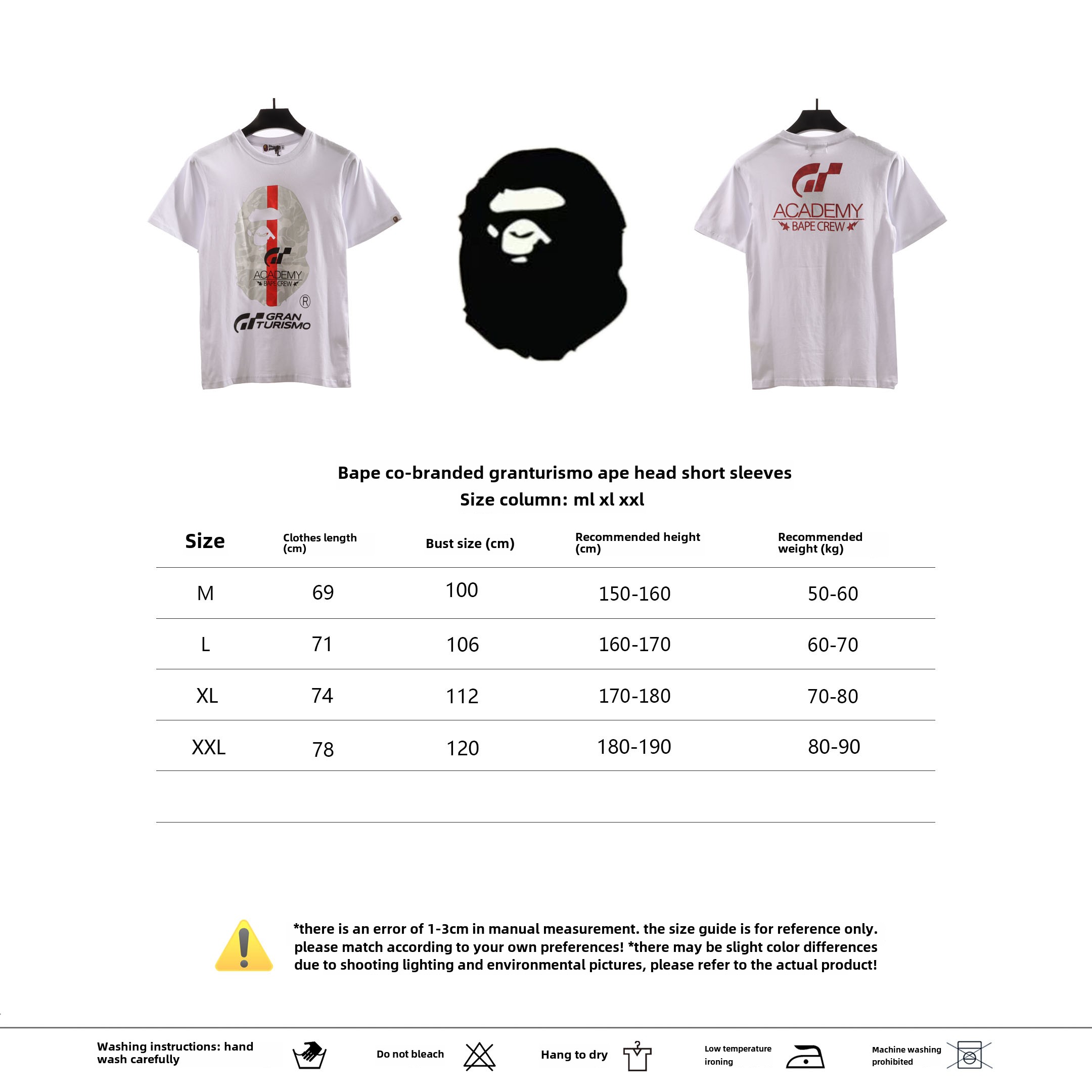 BAPE co-branded GRAN TURISMO ape head short sleeve white T-Shirts