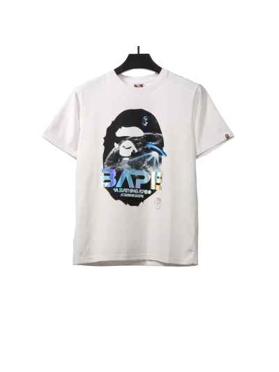 BAPE moon UFO laser ape head short sleeves white T-Shirts 01