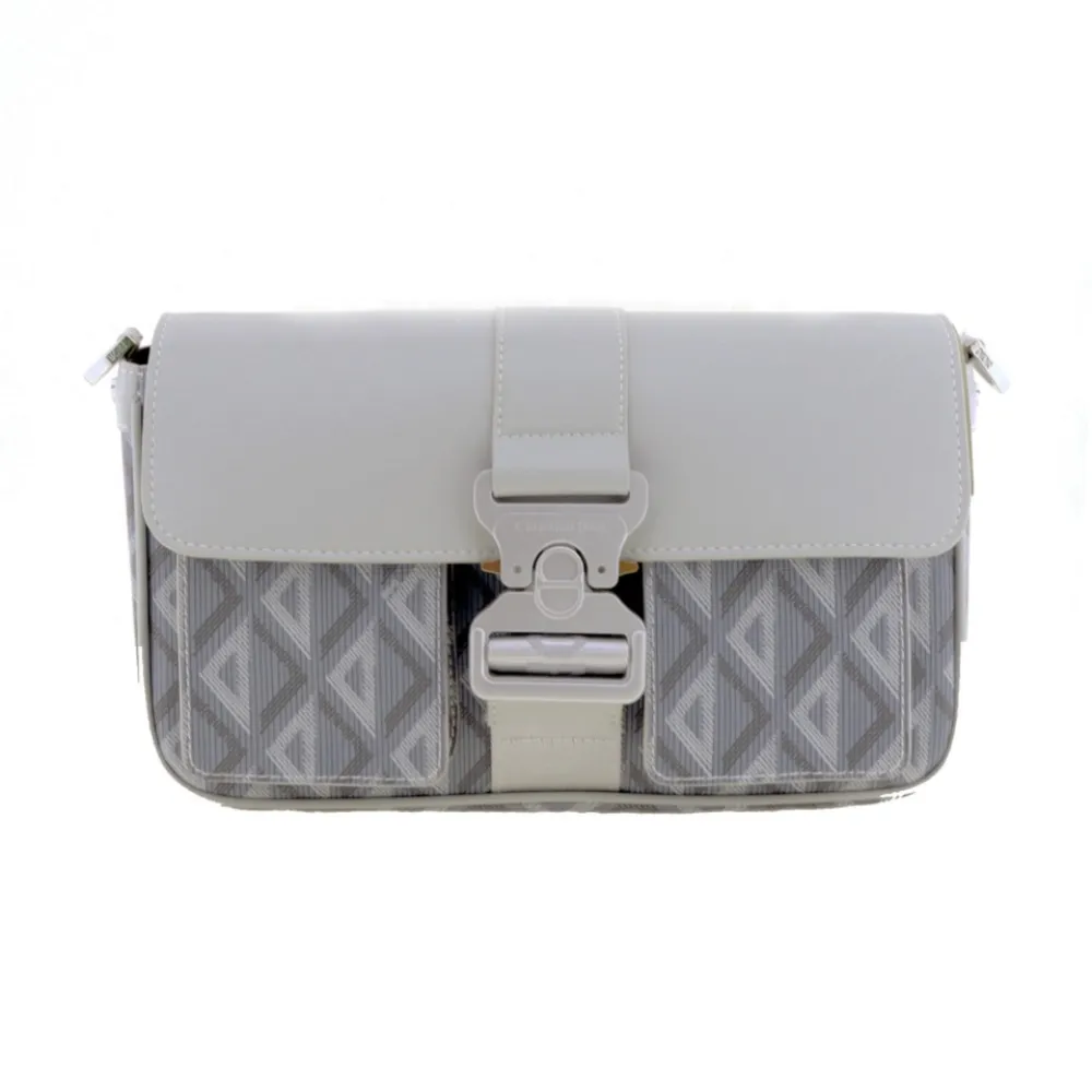 D*or cd aluminum buckle canvas and cowhide shoulder bag gray