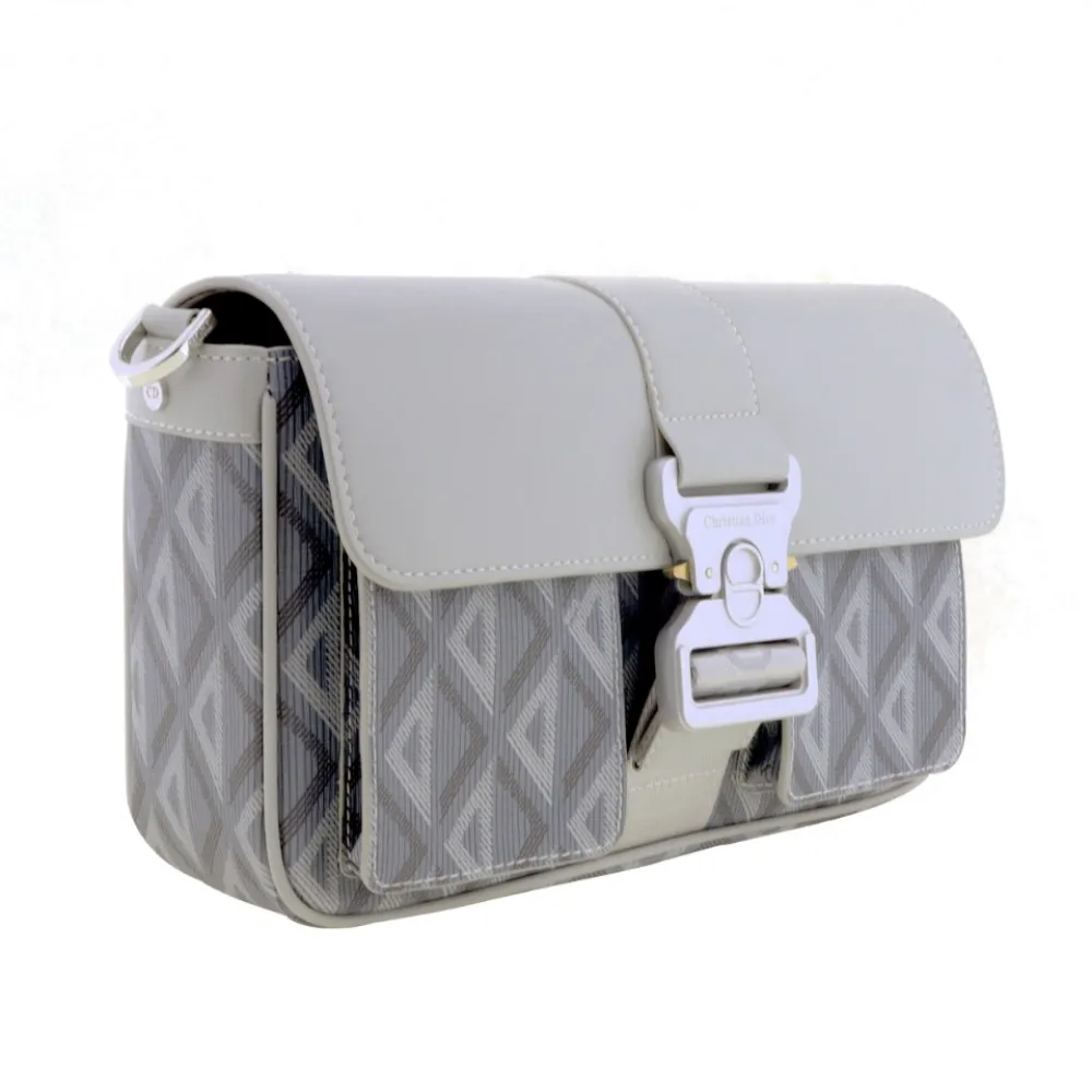 D*or cd aluminum buckle canvas and cowhide shoulder bag gray