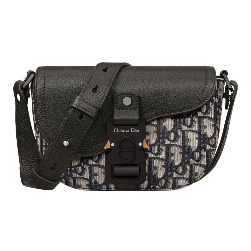 D*or cd aluminum buckle grained cowhide leather saddle bag beige/black