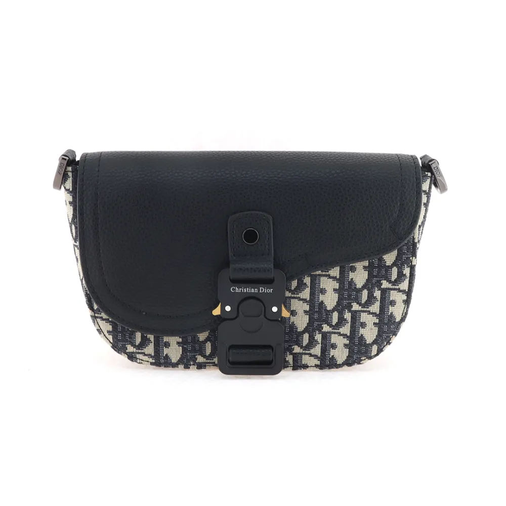 D*or cd aluminum buckle grained cowhide leather saddle bag beige/black