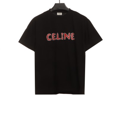 Celine hot rhinestone letter short-sleeved shirt Black T-Shirts 01