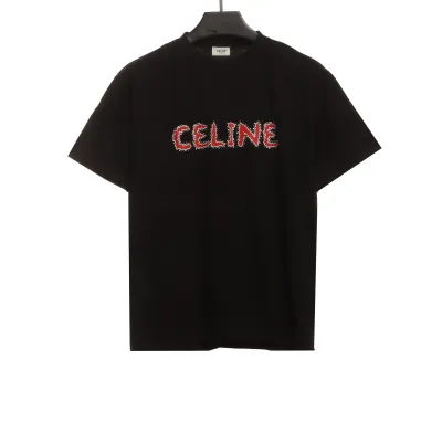 Celine hot rhinestone letter short-sleeved shirt Black T-Shirts 01
