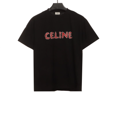  Celine hot rhinestone letter short-sleeved shirt Black T-Shirts 01