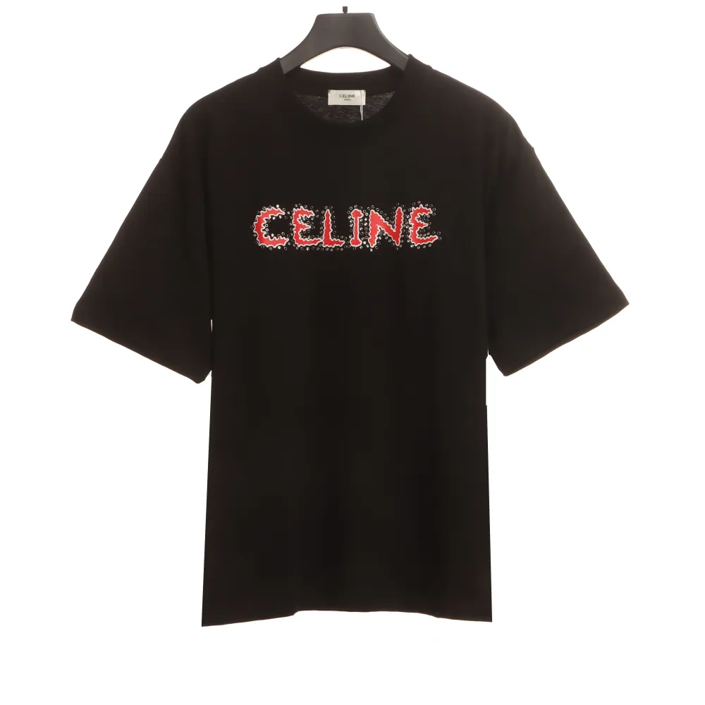  Celine rhinestone print short-sleeved shirt black T-Shirts