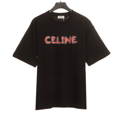 Celine rhinestone print short-sleeved shirt black T-Shirts 01