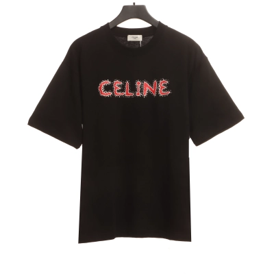  Celine rhinestone print short-sleeved shirt black T-Shirts 01