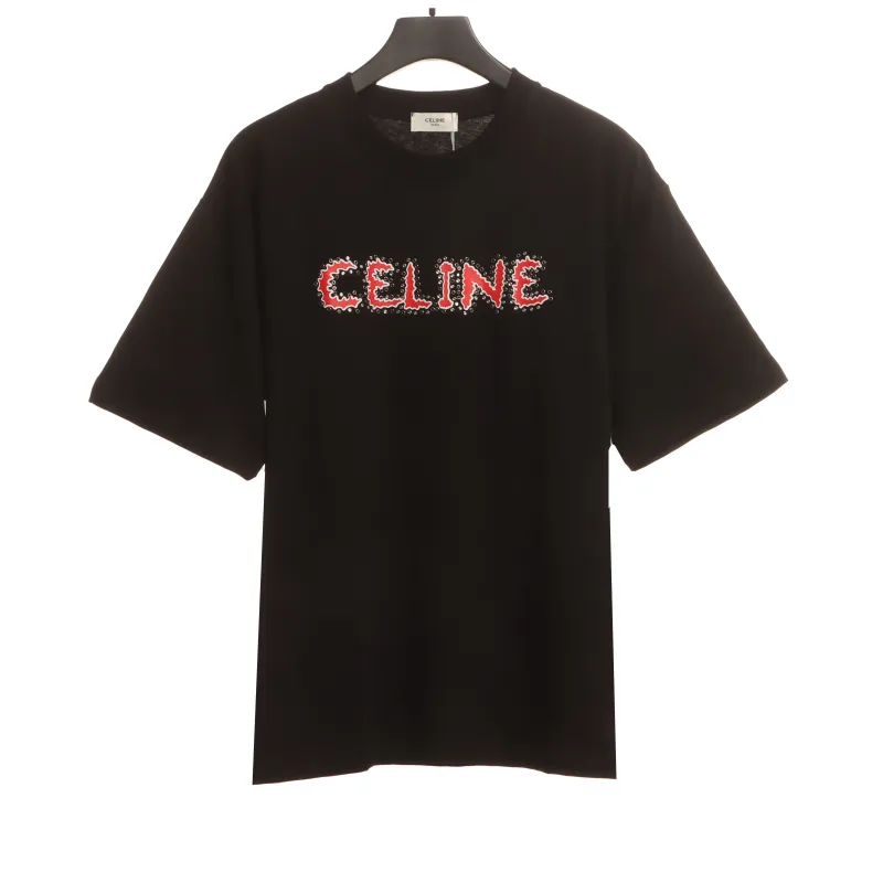  Celine rhinestone print short-sleeved shirt black T-Shirts