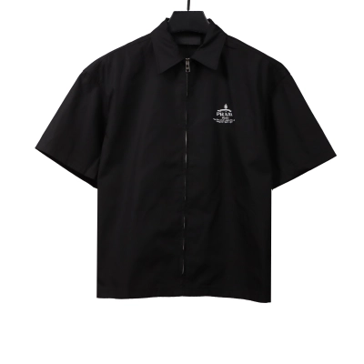  Prada slogan woven short-sleeved shirt Black T-Shirts 01